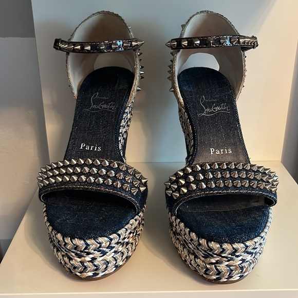 Louboutin denim wedges 38 Madmonica 120 Miss Denim Pat Silver spikes - Picture 2 of 13